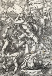 Representation of Pelage the conqueror (Pelagius or Pelayo) (died 737), king of Asturias, triumphant against the Saracens, 719, Covadonga, Spain (King Pelagius of Asturias, Visigothic nobleman who founded the Kingdom of Asturias, fighting the Moors, 719