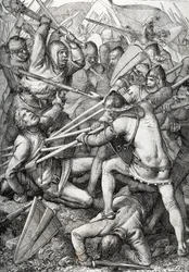 The Battle of Sempach fought on 9 July 1386, between Leopold III, Duke of Austria and the Old Swiss Confederacy, drawing from “Historische Memorabilian des In-und Auslandes” by Anton Ziegler