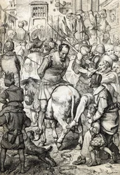 The false Sebastian: after the death of King Sebastian of Portugal, whose remains were not found, several people pretended to be the king reappeared to guide his people, one of them halted in Naples walked in the street under the gaze of the inhabitants