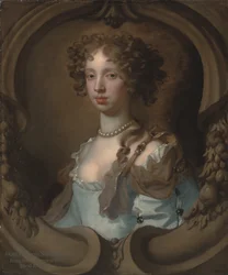 Portrait of Lady Frances Norcliffe, Bust-Length, in a Pale Blue Dress with a Pearl Clasp, in a Sculpted Cartouche