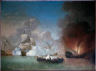 Naval action between a Portuguese man of War and a Number Of Barbary Pirate Galleys, by Peter Monamy, oil on canvas, circa 1685
