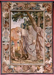 Flemish tapestry. Series History of the consul Decius Mus. Valerius blesses Decius. Fourth tapestry in the series. Model PP Rubens. Manufacture Jan Raes II, Brussels. Ca 1620-1629. Fabric Gold, silver, silk and wool. Size 405 x 330 cm. Location Royal Palac