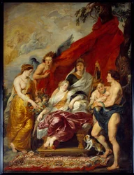 Louis XIII was born in Fontainebleau on 27 September 1601. His mother Marie de Medicis sits on the throne and looks at the newborn