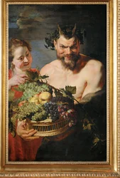Maenad and satyr with a basket of fruit