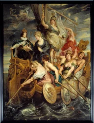 Majority of Louis XIII on 20/10/1614 Allegory of the accession to power of the king representing a ship guided by Force, Religion and Justice advancing through rowers in a rough sea. Queen Mary of Medici, mother of Louis XIII, is on board.