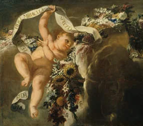 Putto with Flower Garland and Banner