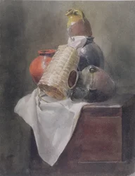 Still Life: Pots, Basket and Cloth on a Chest
