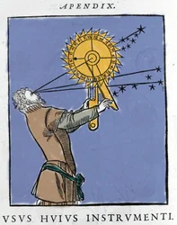 Drawing by Apianus (1539) Using a device used to calculate the time in relation to the stars at night. Cosmographia by Pietro Apiano, Paris 1551