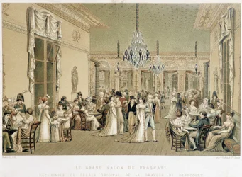 The Grand Salon du cafe Frascati in Paris. Lithograph by Philibert-Louis Debucourt
