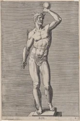 Apollo, statue of the nude god standing on a socle, wearing a crown and holding a...
