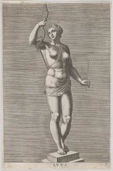 Plate 7: Diana, statue of the nude goddess standing on a socle, wearing a crescent moon, 1586