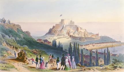 Arrival of Her Majesty at Mount Orgueil, 3rd September 1846, from the Visit of Queen Victoria in Jersey, engraved by H. Walter, 1847