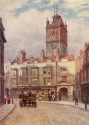 Tower of Church of St Giles, Cripplegate, and Old Houses in Fore Street