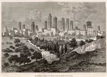 View of San Gimignano (Tuscany, Italy). Engraving After the Drawing by Ph. Benoist, to Illustrate the Voyage to Tuscany and Umbria, by Francis Wey, in 1875, Published in 