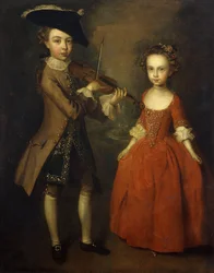 The Archbold Children: A Group Portrait of a Little Boy, Full Length Wearing a Beige Coat, Dark Blue Gold-Embroidered Waistcoat, and Tricorn Hat and Playing a Violin, and His Sister, Full Length, Wearing a Red Dress, with Flowers in Her Hair