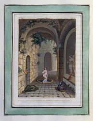 Chloe washes in the fountain of the nymphs in the presence of Daphnis. Drawing by Philippe d