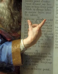 Moses and the tables of the Law, detail of the hand of Moses showing the ten commandments. Painting by Philippe De Champaigne