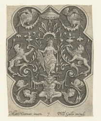 Helmeted Woman with Shield and Spear, Flat Decorations with Grotesques on a Shaded Background (series title)