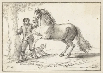 Young Man Holding a Rearing Horse by its Bridle, Frightened by a Barking Dog
