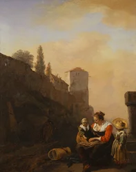A Peasant and two Children resting in front of a Tower in Italy