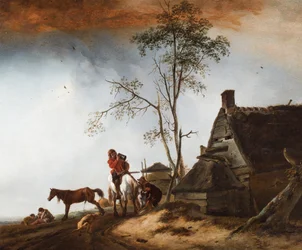 Travellers Resting near a Cottage with a Dog and a Horse