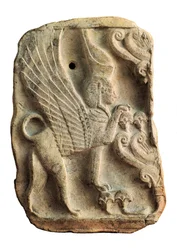 Pinax decorated with Sphinx with double Egyptian crown protecting the Tree of Life, Necropolis of Puig des Molins, Ibiza (Spain)