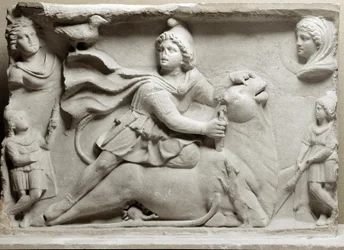 Civilization of the Phoenicians: sacrifice scene depicting the divinity Mithra immolating the bull. 2nd or 3rd century AD. Marble relief. Paris, Louvre Museum