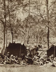 Australian Aborigines sheltering behind a windbreak