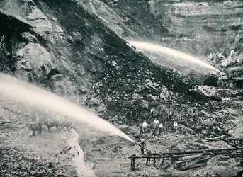 Hydraulic sluicing of alluvial tin deposits, Tasmania, c.1900, from 