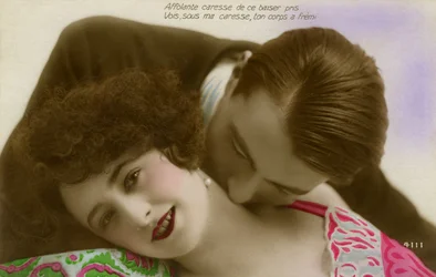 Frenchman Kissing a Woman Passionately on the Neck