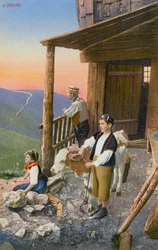Father and Two Children by Their Hut in the Swiss Alps