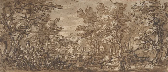 Forest Scene, a Halt at the Left, a Hunt at the Center