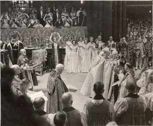 Duchess Mary, with Her Coronet Aloft Paying Homage to Queen Elizabeth II at the Coronation