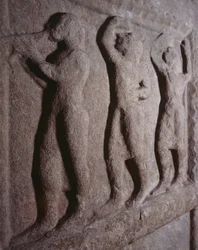 Musicians, detail from Funerary stele of Pontassieve, Tuscany, Italy, Etruscan civilization, 5th century BC