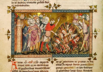 Burning of the Jews in 1349. Miniature from: Tractatus quartus by Gilles de Muisit, ca. 1353