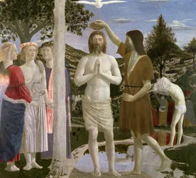 Baptism of Christ, detail of Christ, John the Baptist and angels, 1450