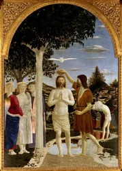 The Baptism of Christ. John the Baptist baptizes Jesus while another man behind him also prepares for baptism. The Holy Spirit above Christ in the form of the dove and the disciples on the left watching the scene. Fresco by Piero della Francesca