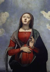 The Virgin Mary with the dove of the Holy Spirit above her, surrounded by six Saints (detail)