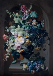 Vase of Flowers with Mimosas and Vase of Flowers with Grape Bunch (Pair)