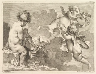 Three Loves, one of which is seated, holding a quiver