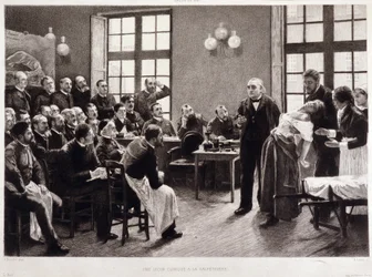 A clinical lecture by Dr. Charcot at the Salpetriere in 1887. Students from the department of Professor Jean Martin Charcot who explains the case of Blanche Wittman, his patient and guinea pig for her research on hysteria