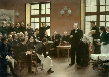 A clinical lecture by Dr. Charcot at the Salpêtrière in 1887. Students of the department of Professor Jean Martin Charcot (1825-1893), who explains the case of Blanche Wittman, his patient and preferred guinea pig for his research on hysteria. He was an