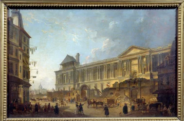 View of the colonnade of the Louvre. Street scene with construction site in front of the Palais du Louvre