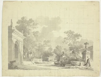 View of the Park at Versailles: Arched Entry to a Terrace, Urns and Ruined Statuary