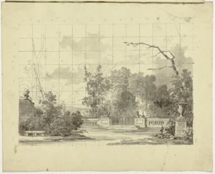 View of the Park at Versailles: Balustrade with Two Sphinxes Urn