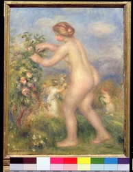 Female nude picking flowers