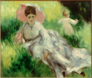 Woman with Parasol and Child on Sunny Slope