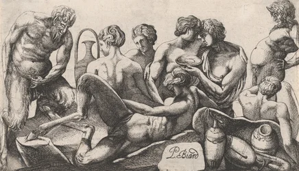 Eight Satyrs and Satyrresses Finishing a Meal