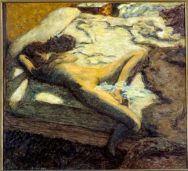 The indolent naked young woman lying on a bed. Painting by Pierre Bonnard (1867-1947), 1899. Sun. 0.96 x 1.06 m. Paris, Musée d