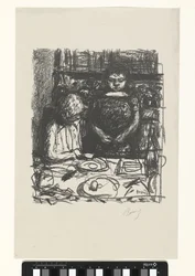 Seated Man at Table with Meal and Standing Woman